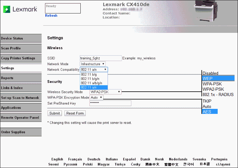 Configuring wireless settings via the Embedded  Server and switch